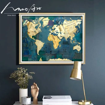 

pop art Modern collage poster print World map silhouette vintage poster canvas wall art Blue vintage classic painting picture