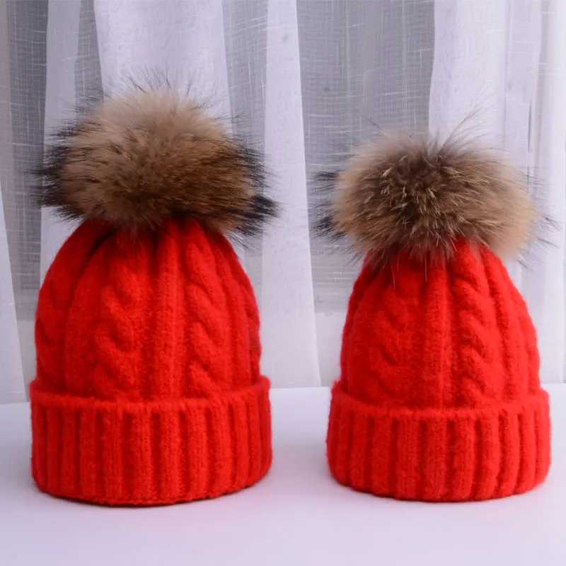 Зимняя шапка Skullies шапочки Шапки зимние шапочки для Для женщин для мамы и для маленьких мальчиков девочек Детское хлопковое вечернее платье в горошек, 15F шляпа помпонами шляпа 2 шт - Цвет: red mother kids
