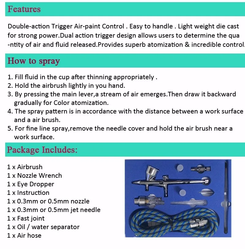 Комплект аэрографа двойного действия, набор временных татуировок, 0,2 мм/0,3 мм/0,5 мм, игла, Воздушная кисть, comperssor body paint Art, пистолет-распылитель для автомобиля SP180
