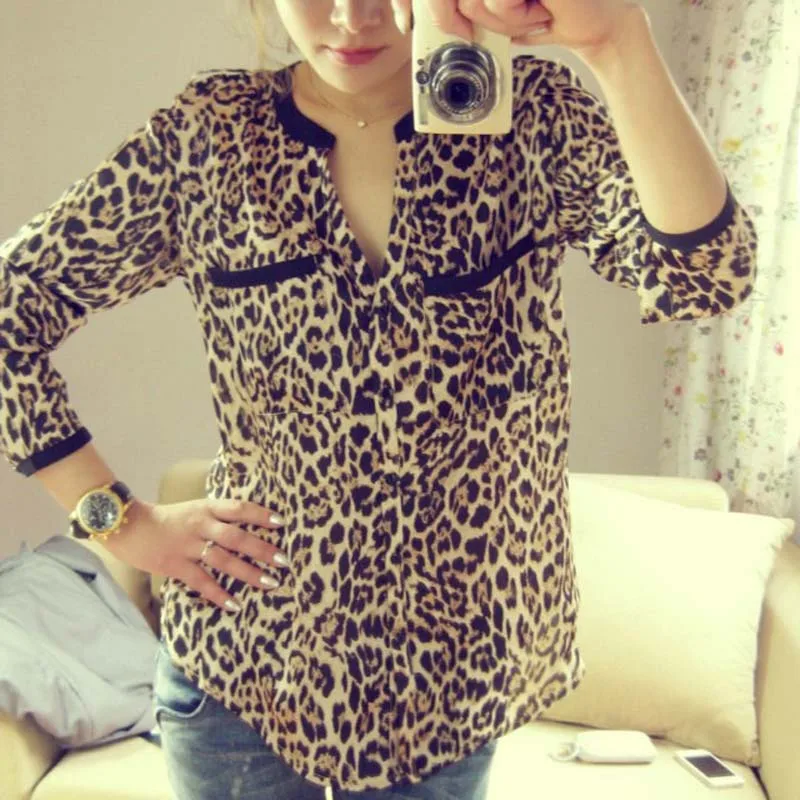 

Fashion women's shirt Leopard Print Long Sleeve Chiffon blouse women Slim Casual shirt top blusas mujer de moda Hot