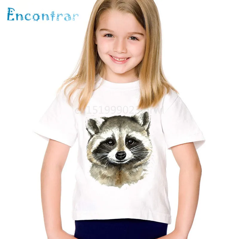 Animal Print Watercolor Raccoon Children Funny T shirts Kids Summer