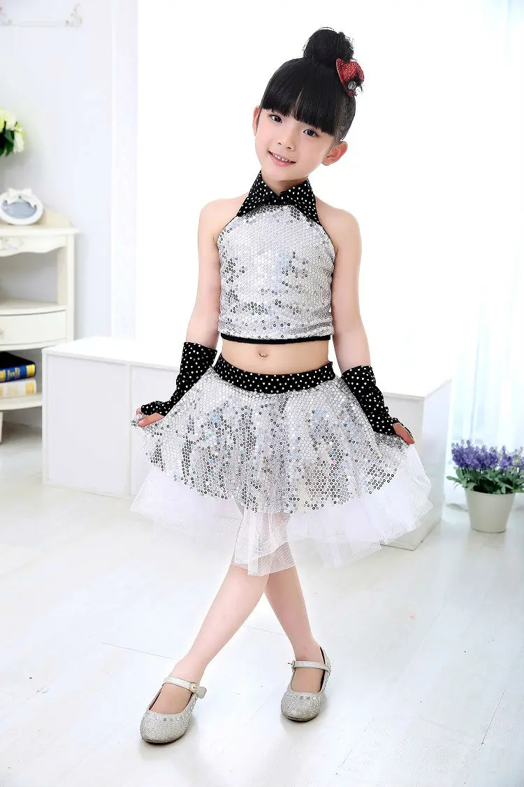 Girl Jazz Dance Children Sequin Modern Dance Hip Hop Costumes Girl Stage Jazz Costumes Suit for Girls Top and Skirt