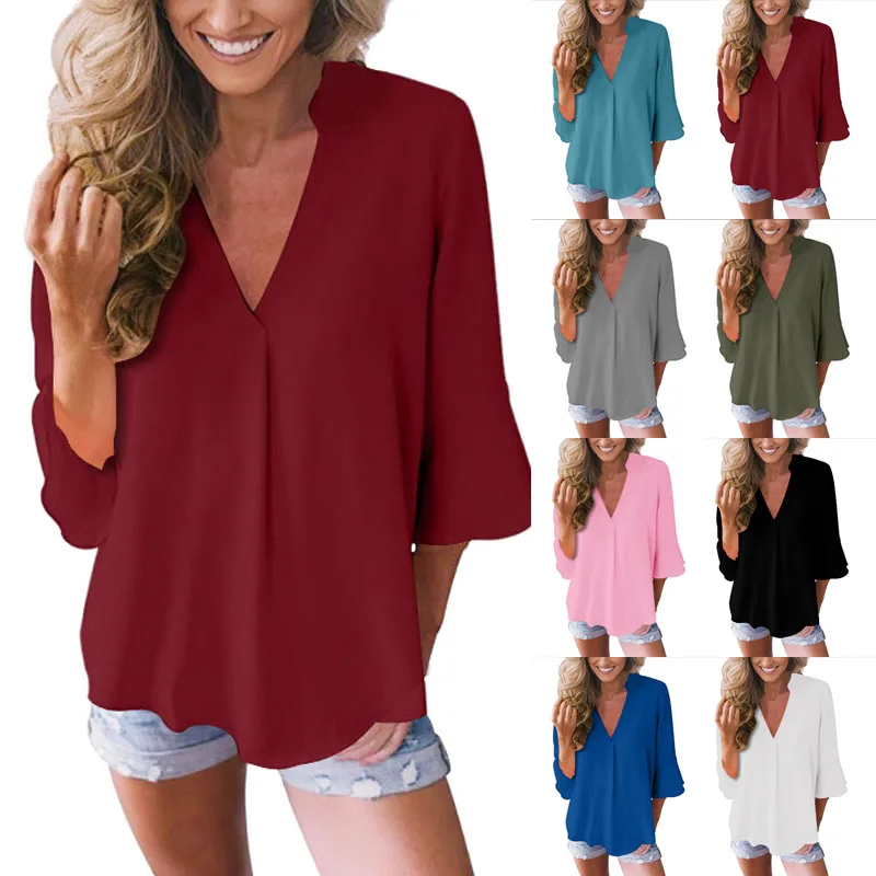 

Burgundy Chiffon Blouses Woman 2019 Summer Butterfly Sleeve Womens Tops and Blouses Sexy V-Neck Plus Sze Clothing