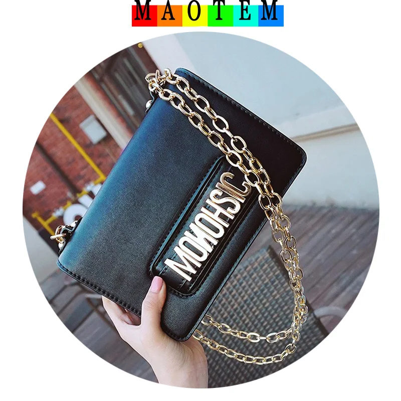 

MAOTEM Women Small Chains Messenger Bags,High Quality Pu Leather Letter Crossbody Bag,Fashion Designer Black Flap Bag For Female