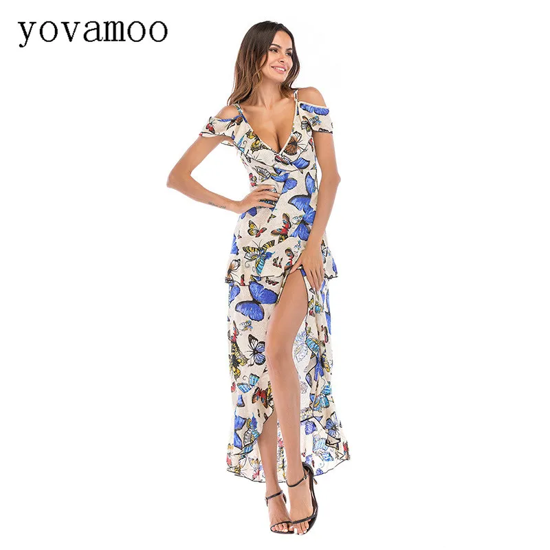 

Yovamoo 2018 Long Maxi Beach Summer Dress Butterfly Print Deep V Neck Front High Split Asymmetrical Cami Dresses Women