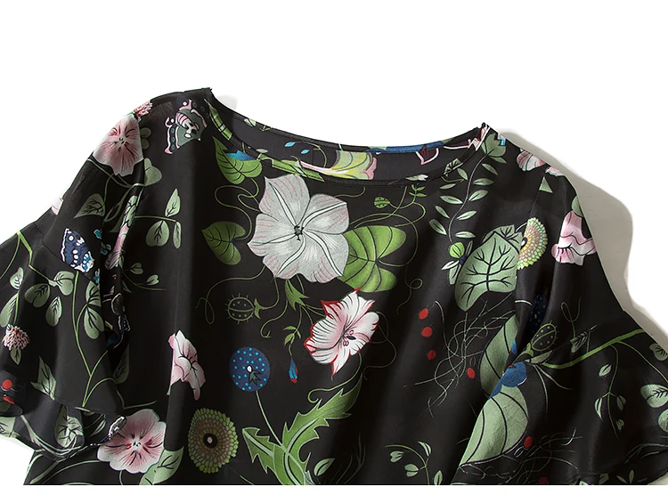 Женская футболка из натурального шелка, шелковая креповая рубашка с рукавами-бабочками и цветочным принтом, Blusas femininas, весна-лето