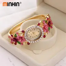 Бренд MINHIN, роскошные женские часы-браслет с цветком из кристаллов, прекрасный подарок для женщин, кварцевые часы, позолоченные наручные часы