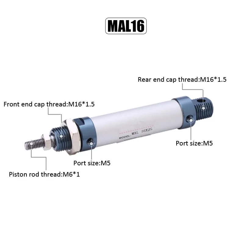 M5*0.8 Male Connector MAL16x100-CA Mini Pneumatic Air Rod CylinderStroke 16mm 