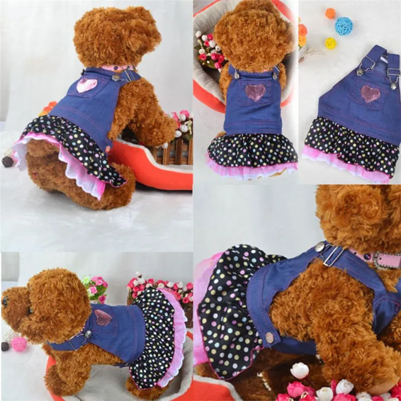NewPet 2017 Autumn Pet Dog Denim Dress Sweet Heart Sequins Dog Clothes