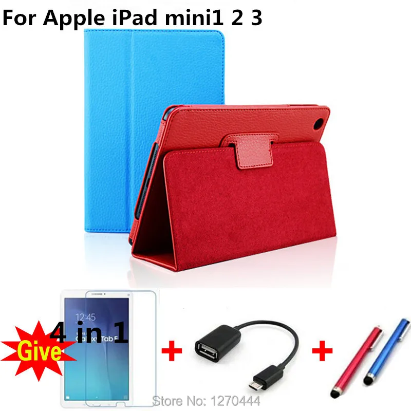 

For Apple mini Litchi Surface Flip PU Leather Case for apple Ipad Mini 1 2 3 with Retina Smart Stand Magnetic Cover+Pen+OTG+Film