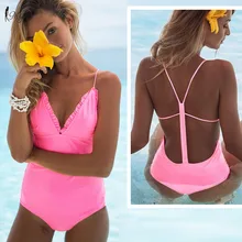 Miyouj Цельный купальник с оборками, глубокий v-образный вырез, бразильский однотонный купальник, Женский бандажный купальник со шнуровкой, женский купальник с открытой спиной, бикини