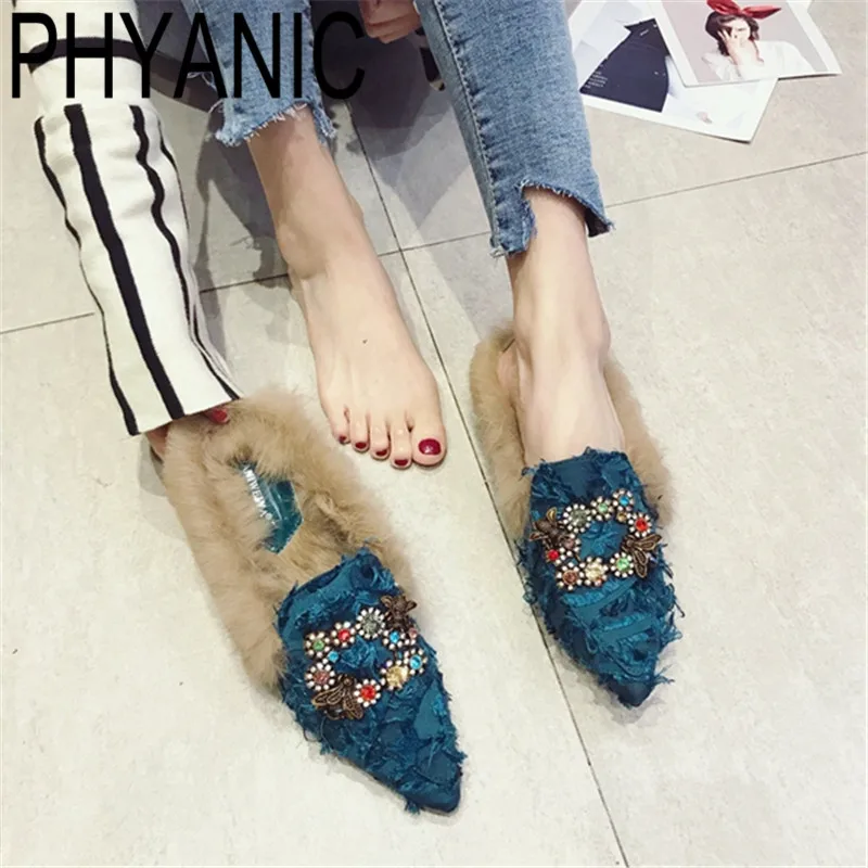 

PHYANIC Fashion Rhinestone Low Heel Shoes Women Pointed Toe Shoes 2019 Spring New Bee Shoes Ladies Hairy Mules Shoes Women Pumps