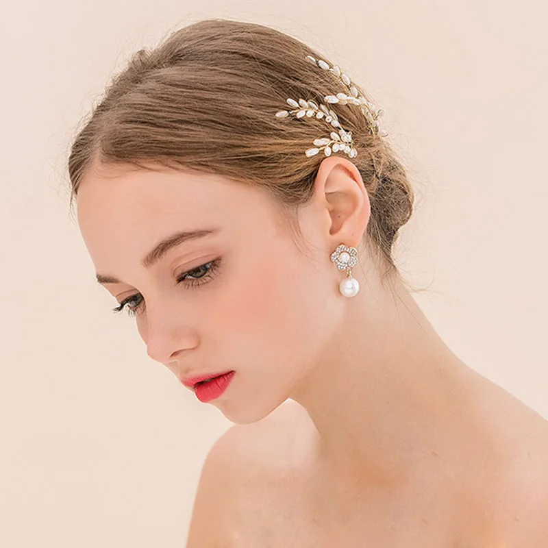 

2Pcs/lot Gold Leaf Hair Pin Imitate Pearl Bridal Hairpins Vintage Bridal Headdress Wedding Hair Accessories Cute Bride Headpiece