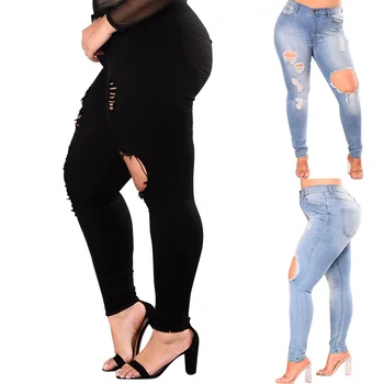 

Women Hole Jeans Plus Size Slim Fit Bodycon Casual Denim Pants for Summer IK88