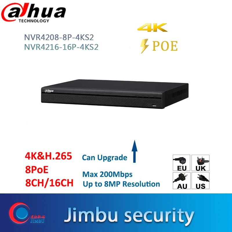 

Dahua NVR H.265 4K POE Video Recorder NVR4208-8P-4KS2 NVR4216-16P-4KS2 8POE port 8CH 16CH Up to 8MP Resolution Max 200M EASY4IP