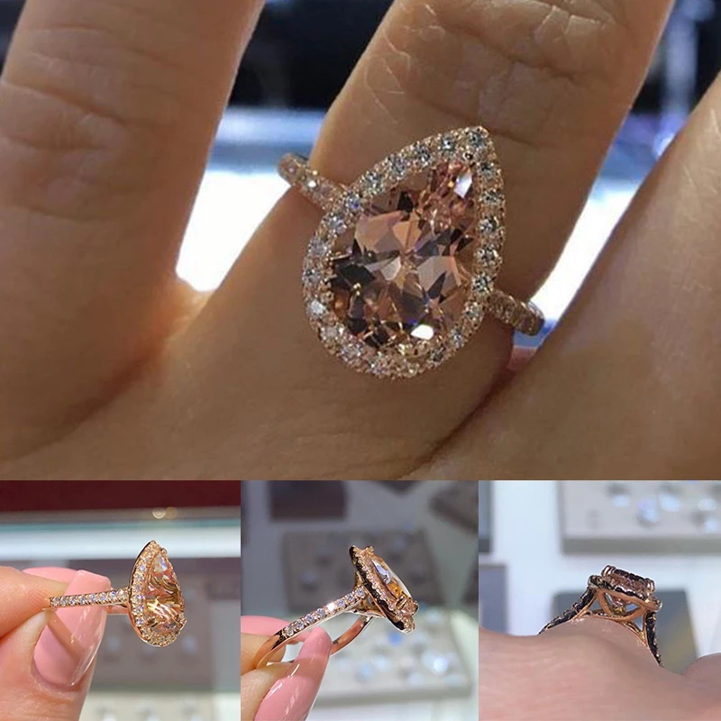 

Fashion Crystal Rose Gold Color Rings Female Elegant Crystal Champagne 1PC Water Drop Ring inlaid rhinestone female gift