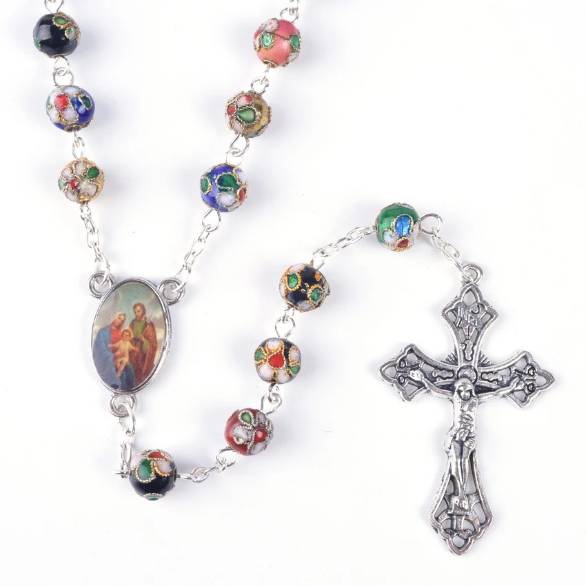 

Fashionable Round Mixed Color Cloisonne Beads Holy Family Catholic Rosary Necklace