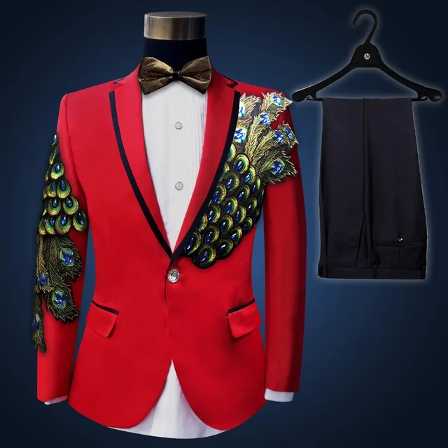 2016 Plus Size Men Suits S 4XL Classic Red Sequins Embroidered Male