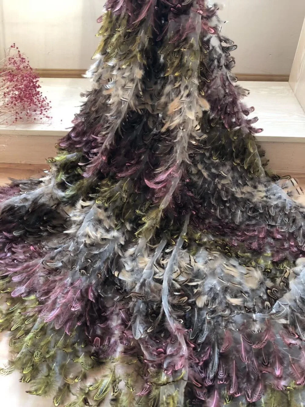 3d bridal lace fabric for haute couture dress with feathers S1101-37 French Voile Mesh Lace Fabric for wedding dresses