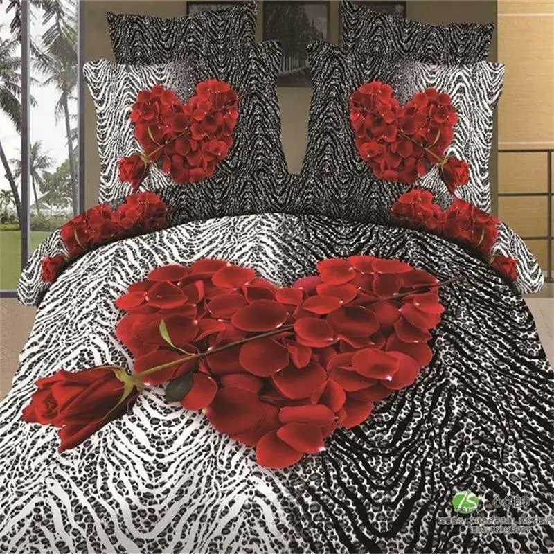 3d Red Rose Heart Black White Zebra Print Bedding Set Queen Size