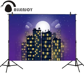 

Allenjoy photography background cartoon building night black purple superhero backdrop photocall photobooth high quality
