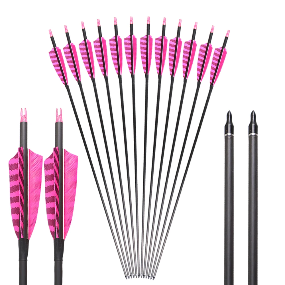 

12pcs Archery Pure Carbon Arrows with Natural Feathers 32inch 400 Grain High Quality Shooting Arrows
