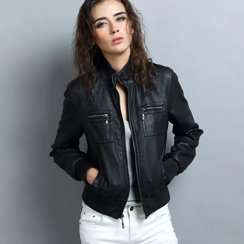 Women's short leather jacket leather clothing short design coat zipper ...