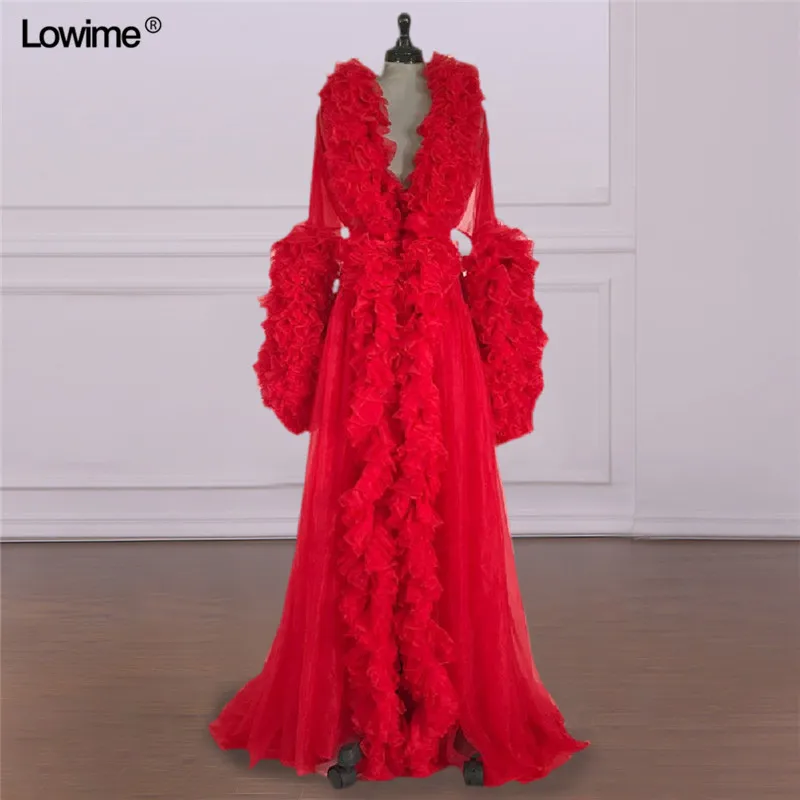 Red Muslim Plus Size Formal Evening Dresses Long Sleeve Tulle Illusion Sexy Evening Gowns Long Prom Party Gowns Robe De Soiree