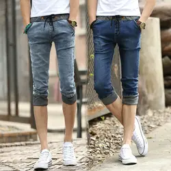 Новинка 2019 г. модные летние повседневные мужские джинсы эластичный пояс красивый для мужчин стрейч лоскутное подросток джинсовые капри до