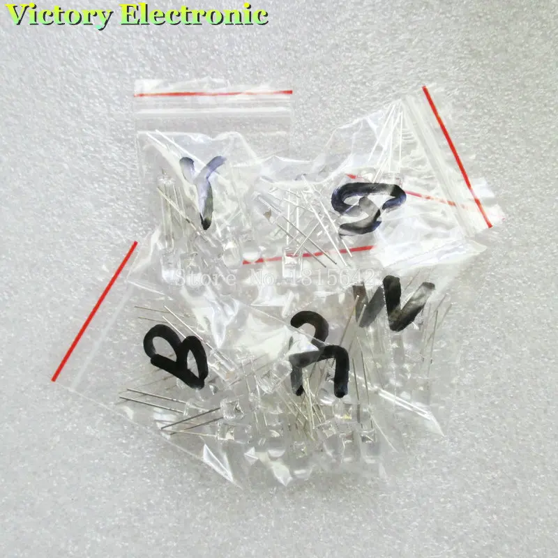 

50PCS/Lot Light Emitting Diode Kit Transparent Round 5MM LED Set Red Green Yellow Blue White 5Kinds Each 10 PCS Wholesale