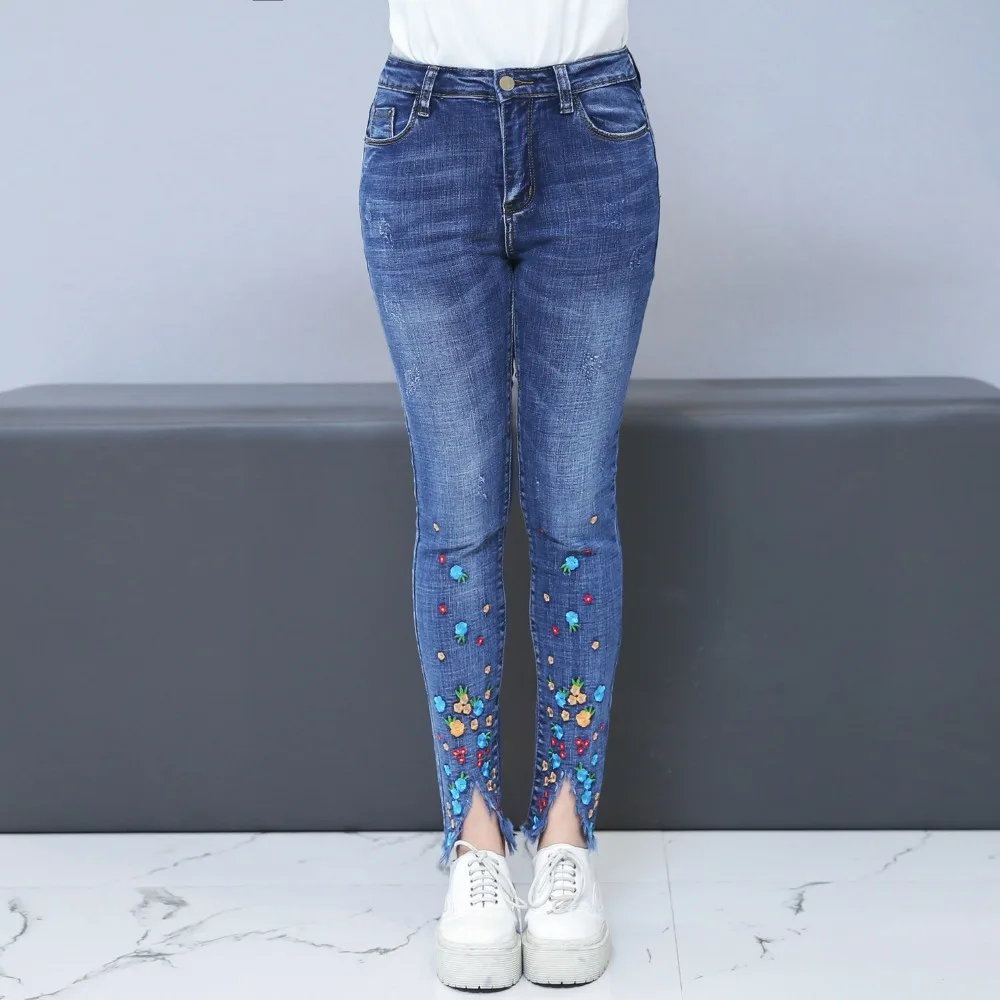 

LZJN Spring Fall Embroidered Slimming Jeans 60~100kg Plus Size Washed Mid Waist Women Trousers Pencil Pants Stretch Skinny Jeans