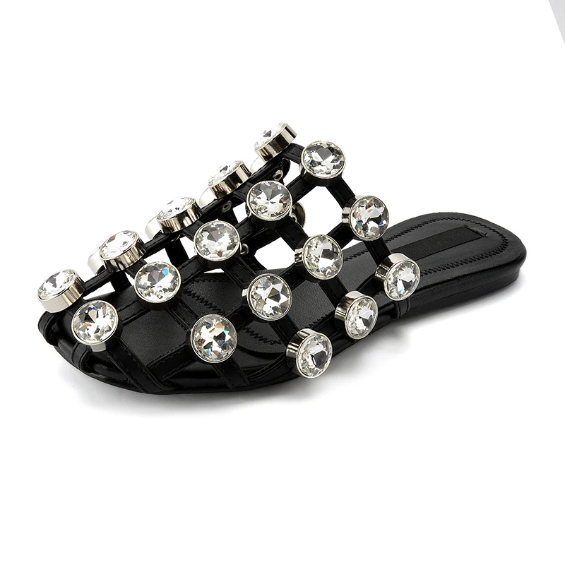 

LOSLANDIFEN Runway Grid Pattern Crystal Flat Mules Luxury Slip On Beading Caged Amelia Metal Dome Studded Flat Slide Sandal