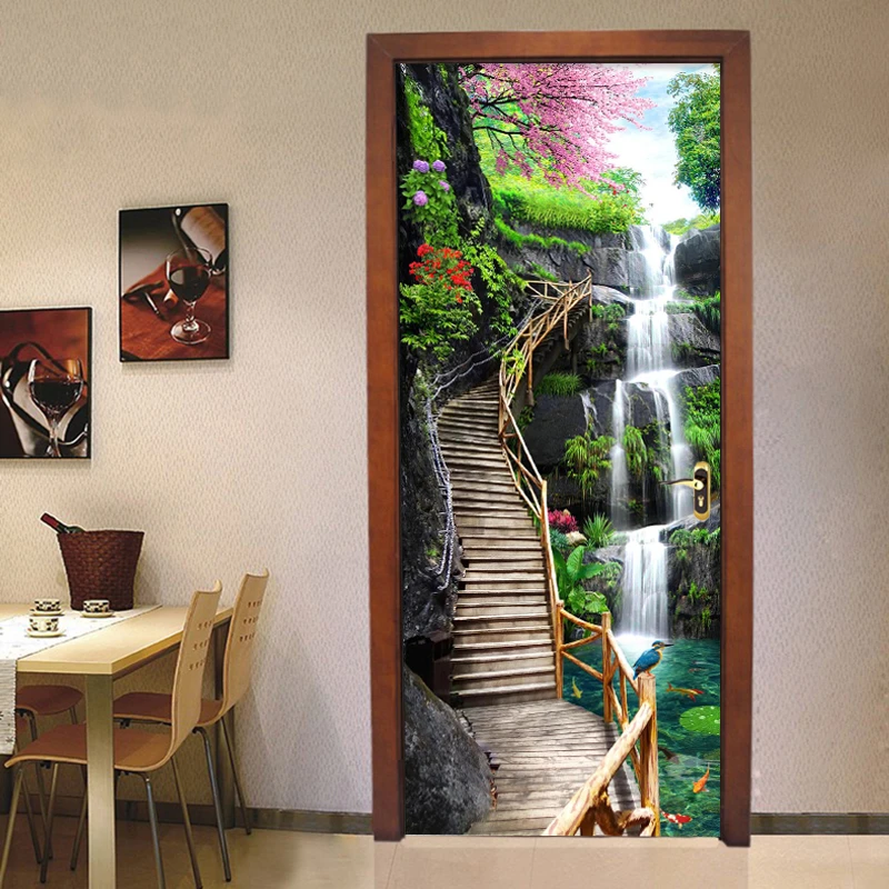 3D European Waterfall Self-adhesive Dinning Room Door Poster Bedroom Door Mural 