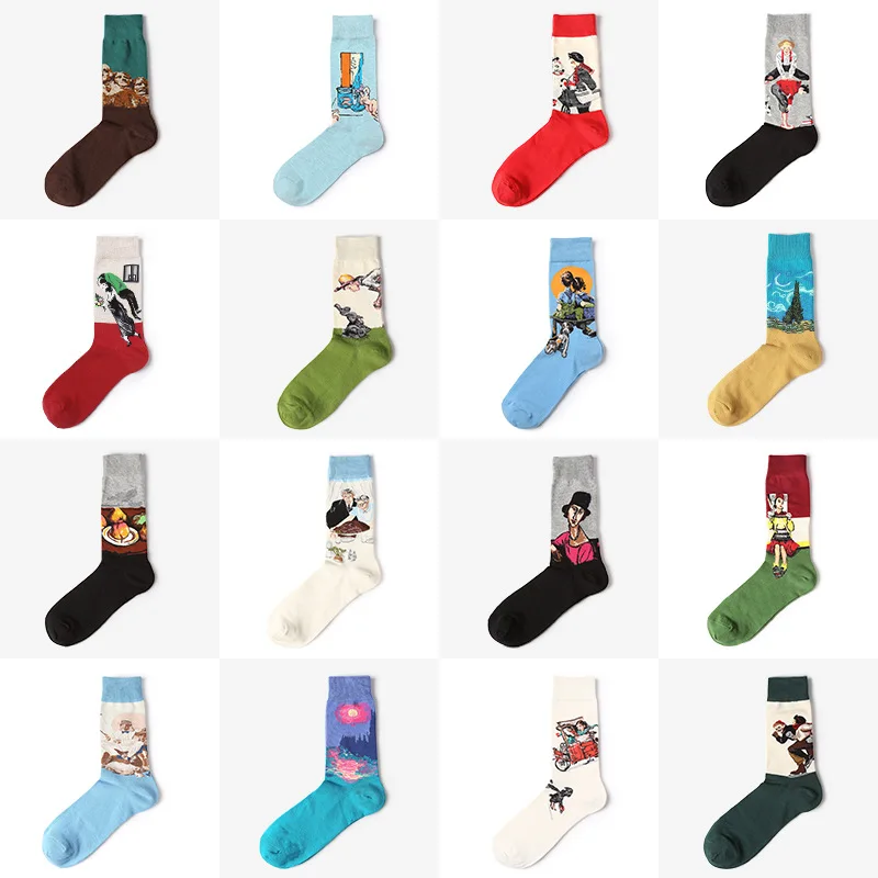 

Novelties Famous Oil Painting Art Socks Ms. Men's Hip-Hop Graffiti Van Gogh Mona Lisa Stockings Harajuku Fun Cotton Socks Jesus