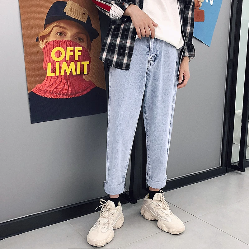 2019 New Fashion Four Seasons Loose Men Jeans Washed Cotton Casual Light Blue Cowboy Pants Zipper 4