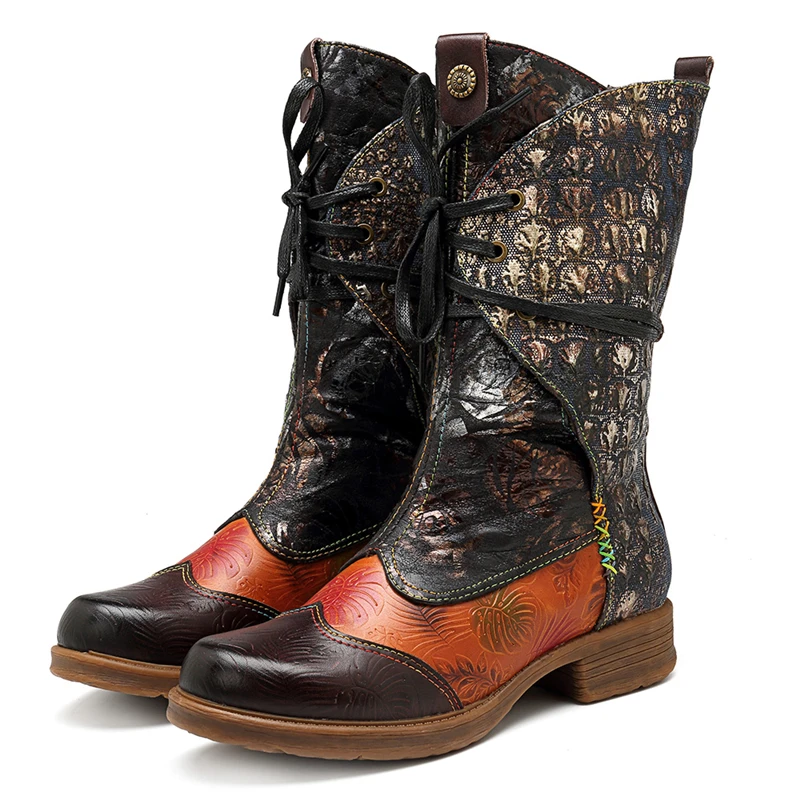 Socofy/ковбойские сапоги до середины икры из натуральной кожи женская обувь женские винтажные повседневные ковбойские зимние сапоги на шнуровке для девочек, Botas Mujer
