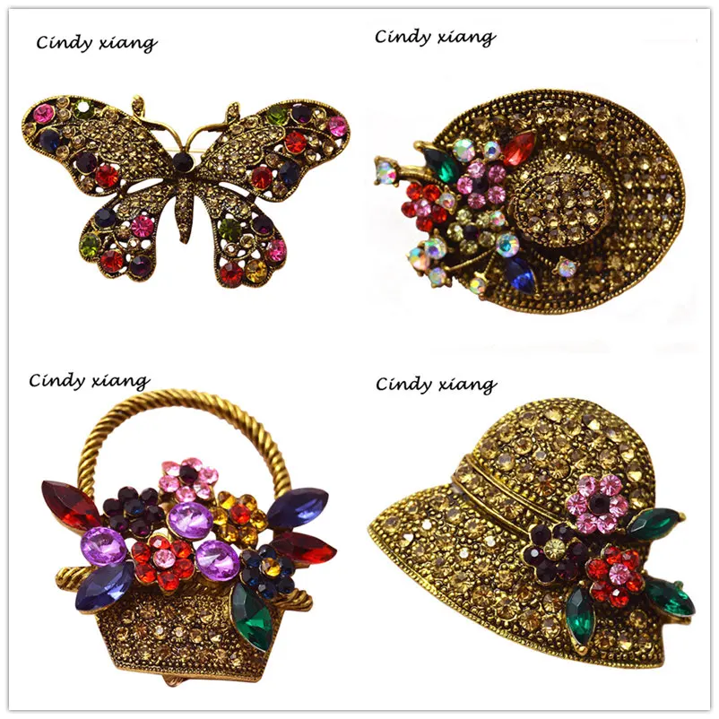 

CINDY XIANG 6 Styles For Choose Vintage Rhinestone Peacock Hat Butterfly Brooches For Women Bijouterie Broches Backpack Badges