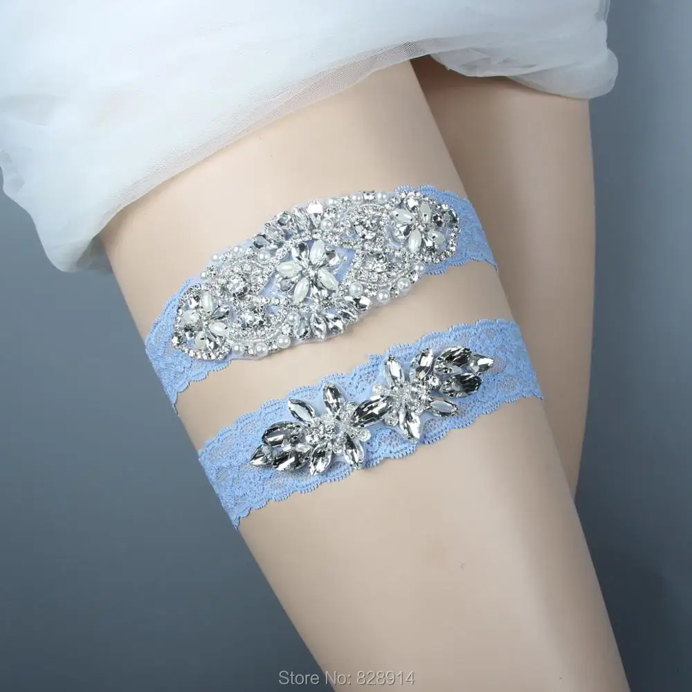 Factory Wholesale Sexy Stretched Lace Crystal Applique Wedding Garter Belt Set Bridal Leg Garter Belt With Bow Handmade