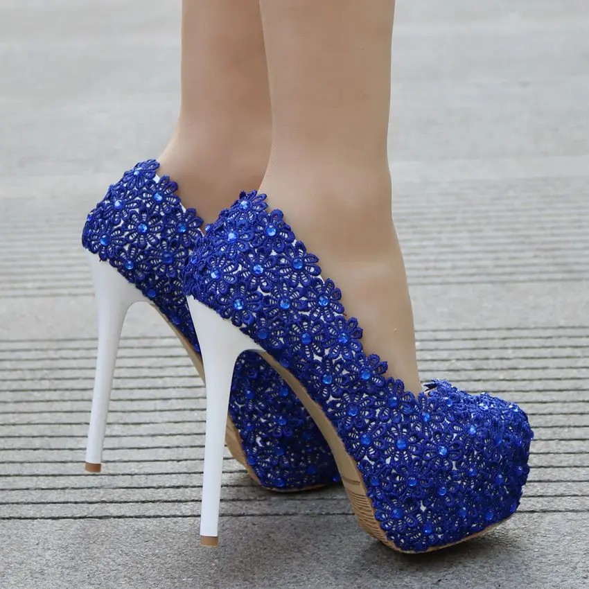 Женская свадебная обувь; свадебные туфли с голубым кружевом; женские свадебные туфли на высоком каблуке 14 см; свадебные туфли со стразами; туфли-лодочки принцессы на платформе; большие размеры 34-41