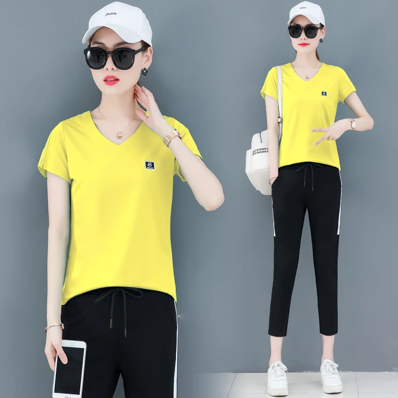

Tracksuit for Women Outfits Sportswear Co-ord Set Two Piece Set Plus Size Wide Loose Pants and Top 2019 Summer Yellow Clothing