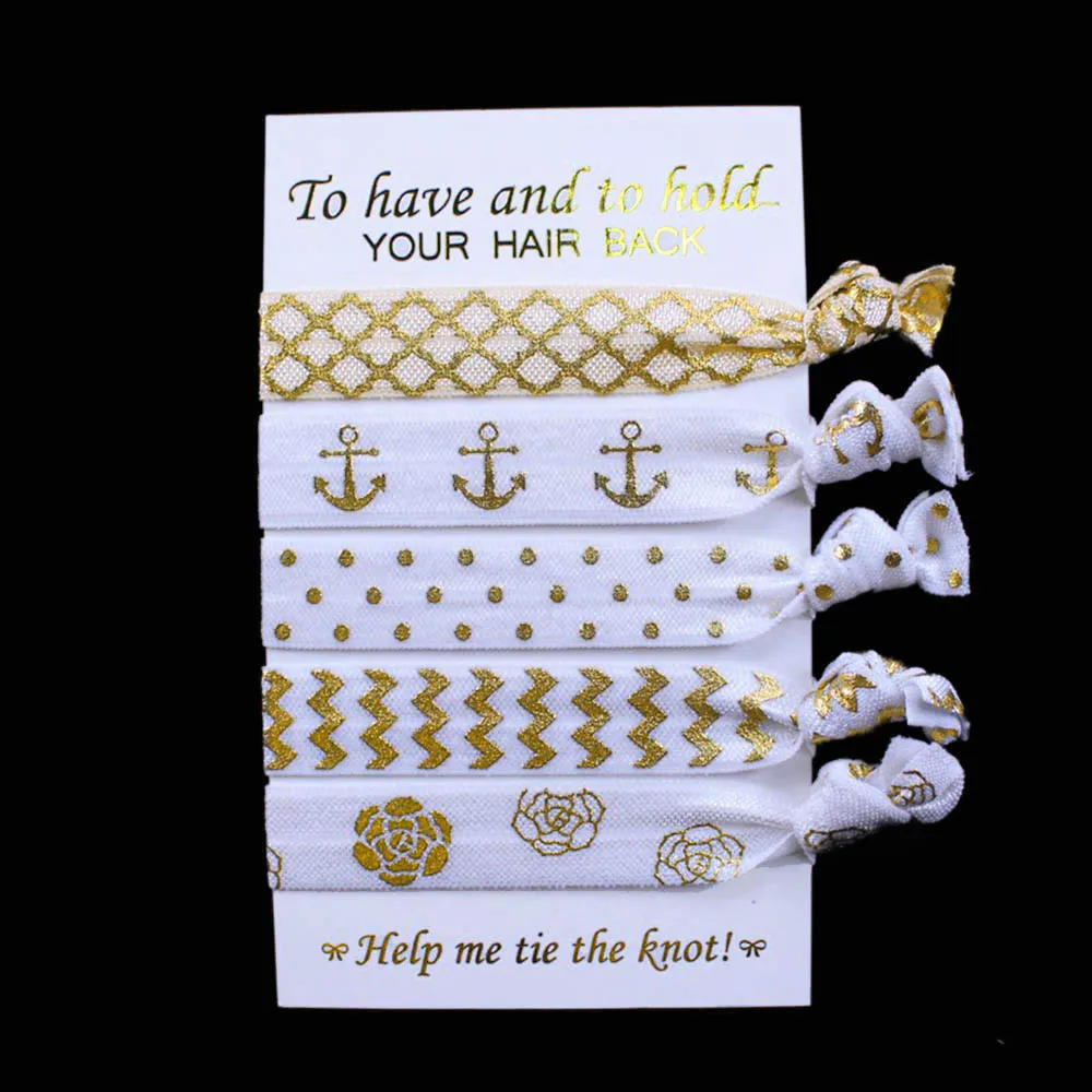 

50 pcs per lot (10 sets) 5/8" gold foil fold over elastic hair ties, 5 different designs boutique foe bracelet HT-5-025