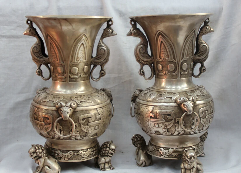 

Collectible bronze S2053 12" China Chinese Fengshui Silver Foo Dog Lion Phoenix Handle Goat Vase Pot Pair
