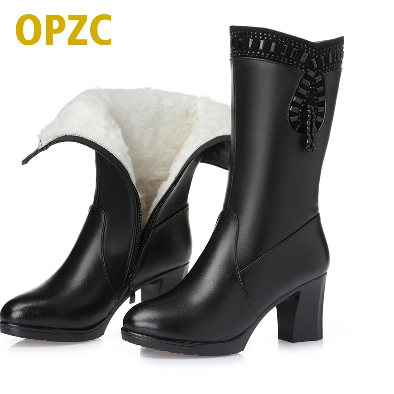 Beste OPZC 2018 dames laarzen, voor winter echt leer vrouwen laarzen, warme wollen strass mode hoge hak kwastje laarzen vrouwen