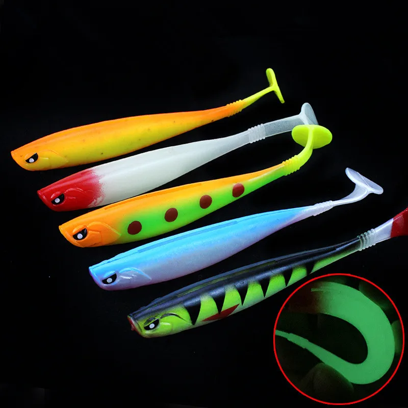 

T-Tail Soft Bait Fishing Artificial Worm Lures Alien Eyes Glow 12cm/10g Groove Back Rainbow Fish PVC Lure Lot 5 Pieces