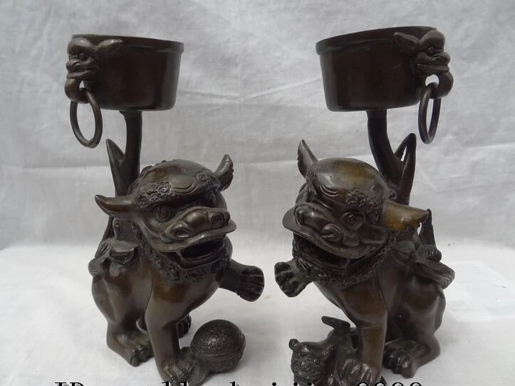 

JP S0114 8" Chinese Bronze Protect Foo Fu Dog Lion Ball PiXiu Statue Pair Candle Stick B0403