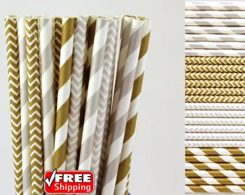 

200pcs Mixed 4 Designs Metallic Silver and Gold Themed Paper Straws-Striped,Chevron Holiday Christmas Wedding Party Drinking
