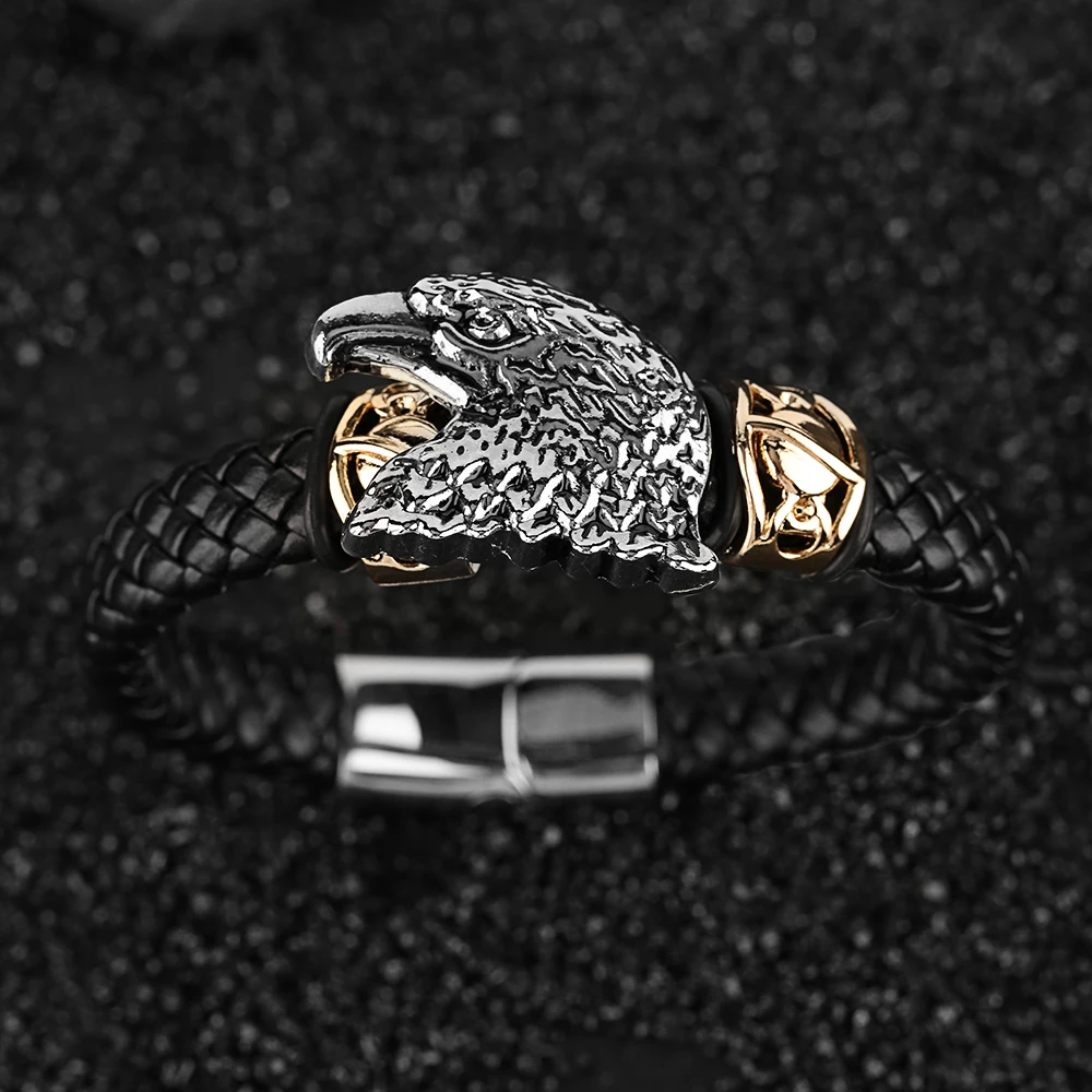 Lion Skull Eagle Punk Woven Bracelets Men Hot Sale Charm Bracelet Male Steampunk Skeleton Bangle Chain Black Leather Bangles (31)