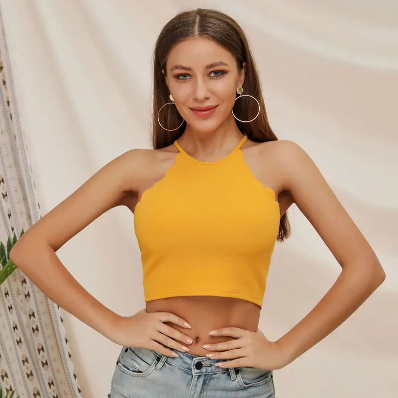 

Women Tank Solid Yellow Bodycon Camis Tops Sexy Halter Female Beach Tops Summer Streetwear Ladies Tank Tops 2019