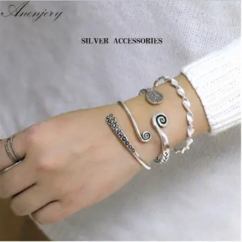 

Anenjery Vintage 925 Sterling Silver Handmade Caverd Twisted Thai Silver Cuff Bracelets & Bangls Spulseras S-B88