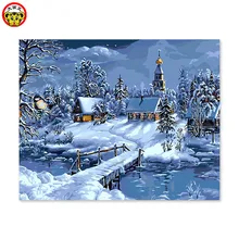 Картина, сделай сам Снежный пейзаж во сне Цифровая живопись маслом, Снежная гора и сельский дом горный Легенда